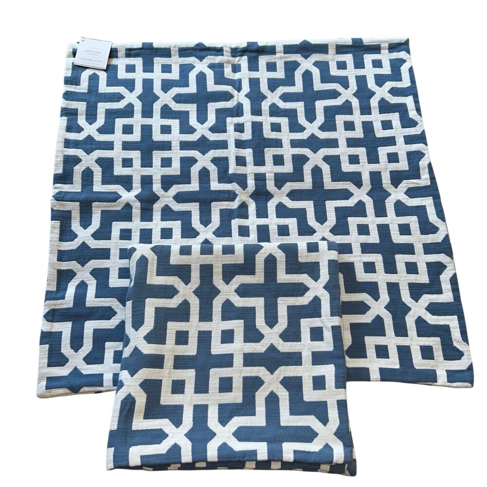 2 Pottery Barn 24" Euro Shams Blue & White Geometric Pattern Zip Closure